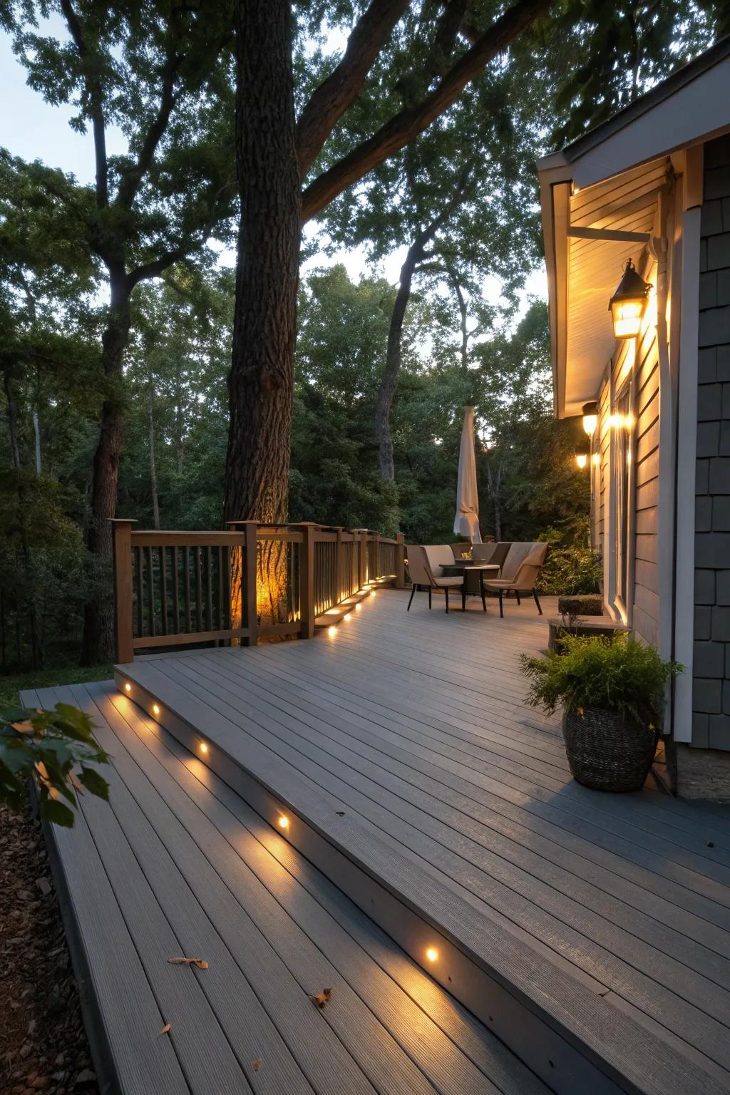 Smart lighting altering the mood of a grey patio.