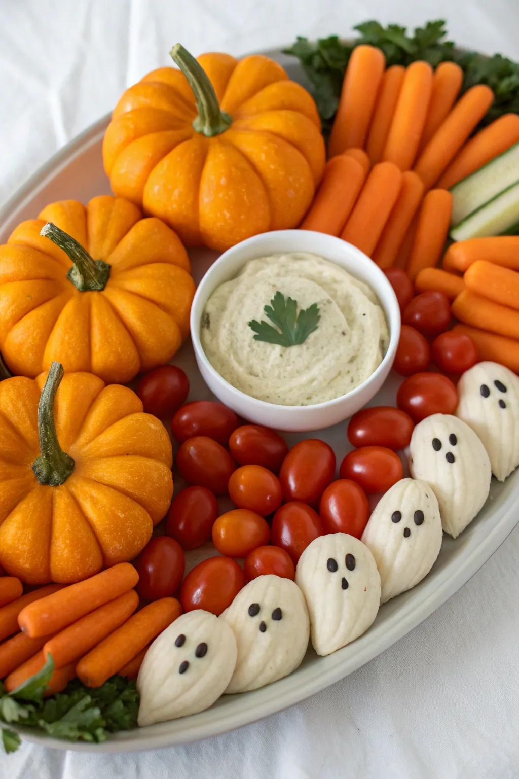 A creepy crawly veggie platter offers a healthy, festive snack.