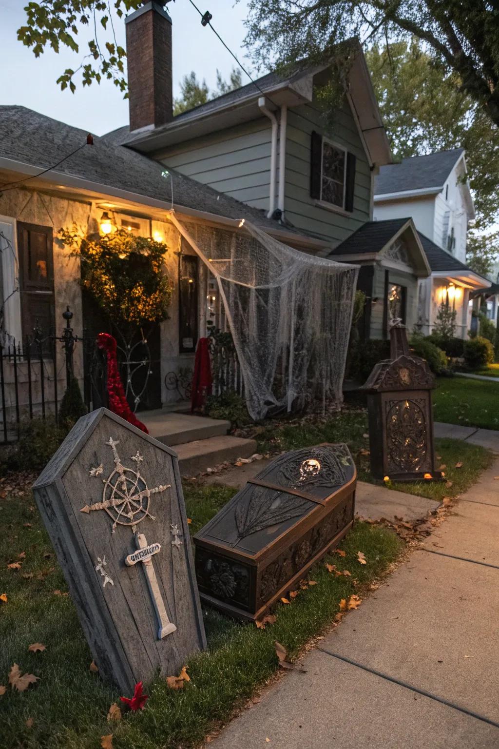 A sophisticated blood-sucker den adds elegance and spookiness to the yard.