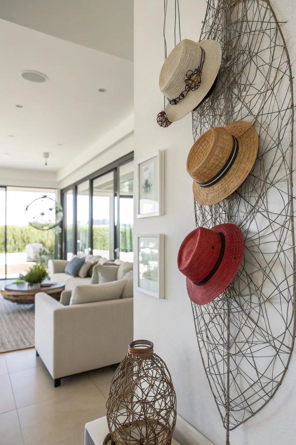 Wire figurines infuse an artistic flair to your hat display.