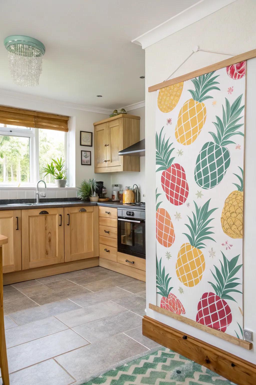A print with pineapple designs bringing cheer to a kitchen.