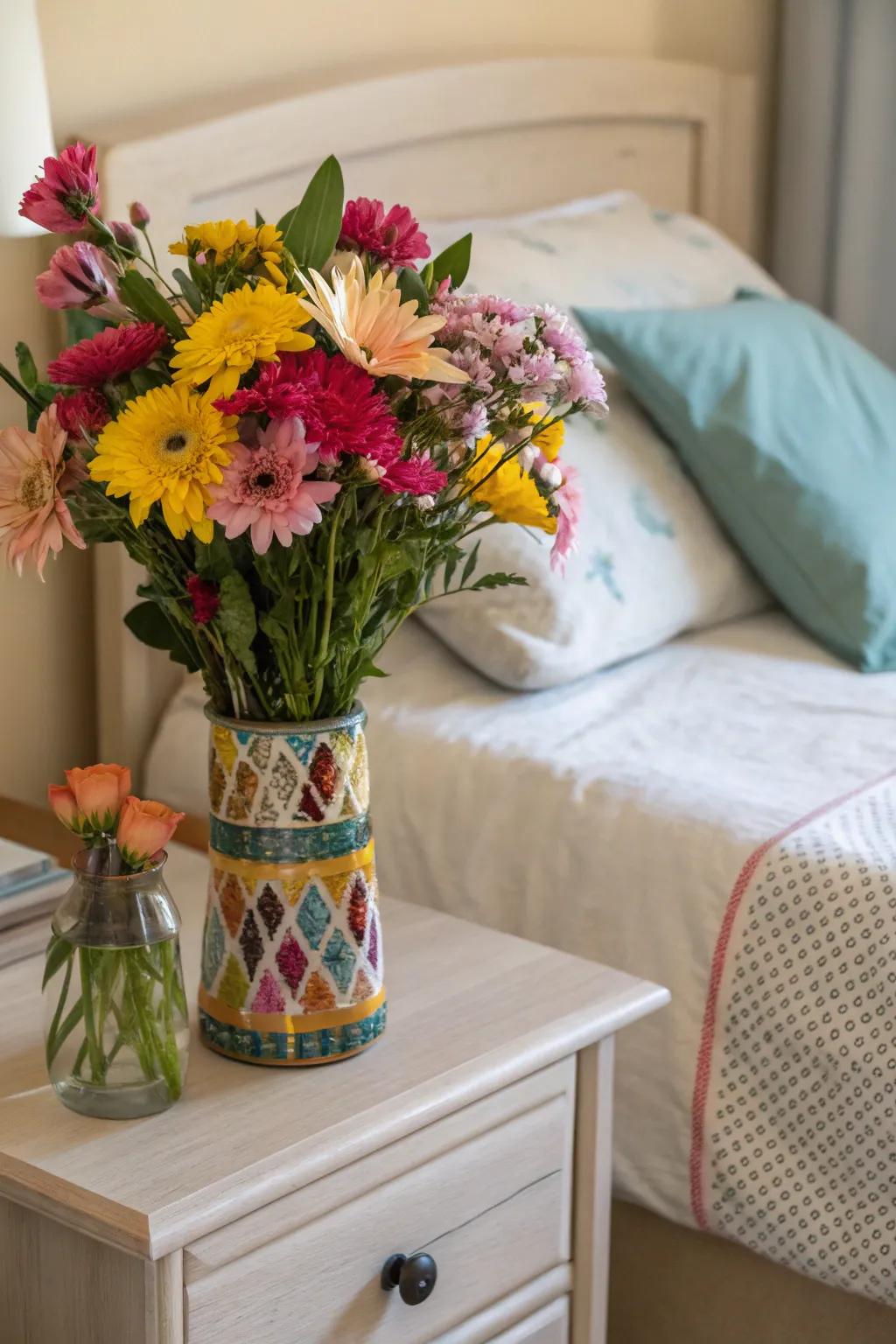 Cheerful floral formations brighten up bedside tables.
