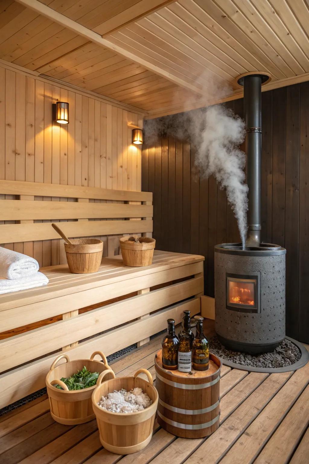 Therapeutic perfumes add a sensory element to this sauna experience.