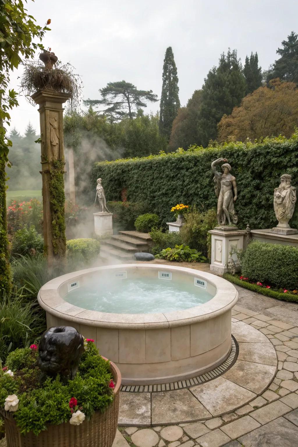 Sculptures provide an artistic touch that elevates the hot tub environment.