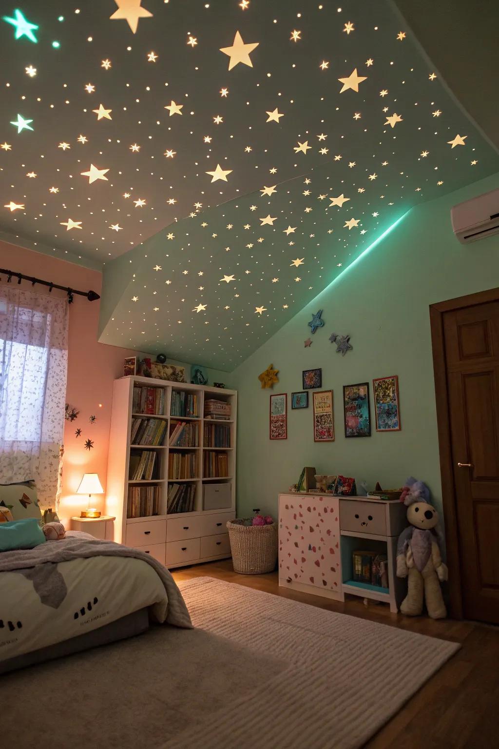 A snug children's room with illumination in the dark paint creating a starry night effect on the roof.