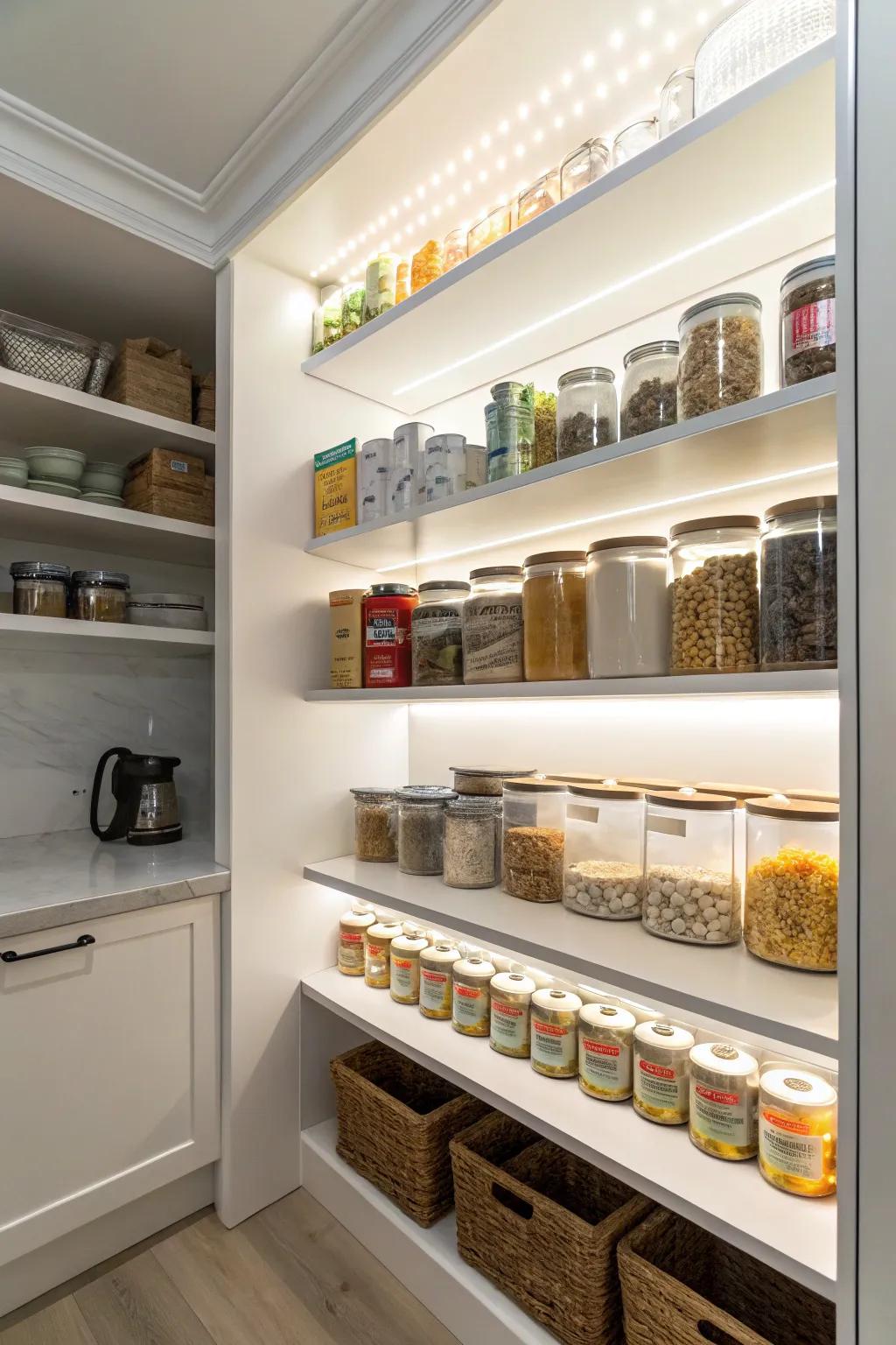 LED strip lighting elevates the ambiance and visibility in a pantry.