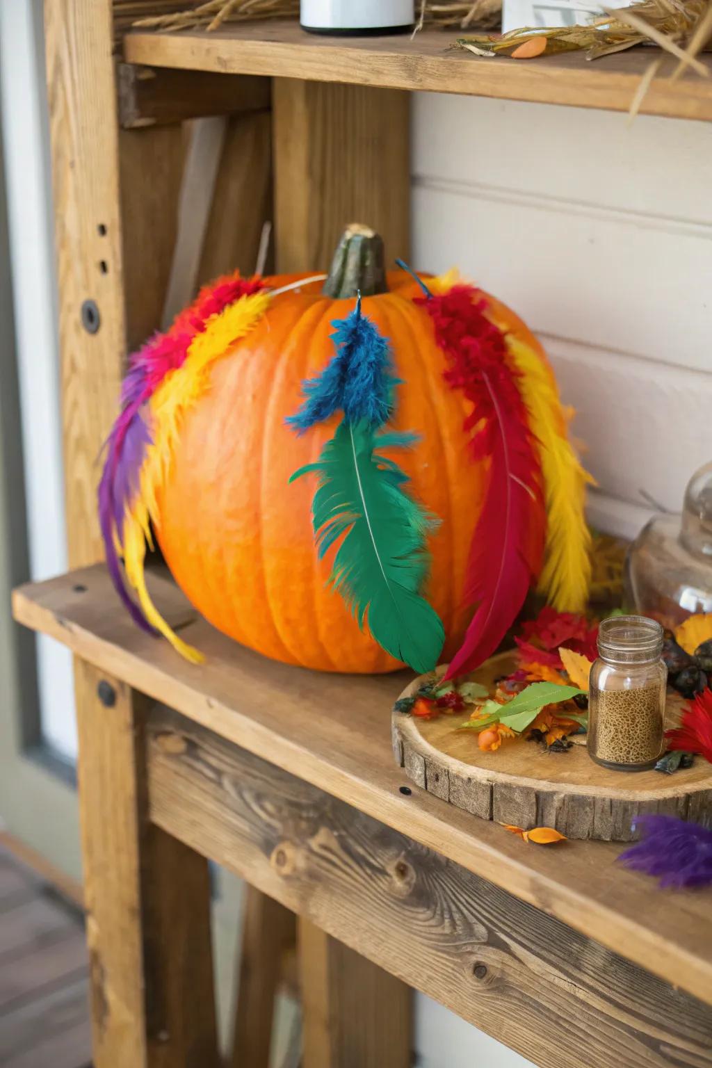 A plume-embellished pumpkin conveying a fanciful nuance to the ornamentation.