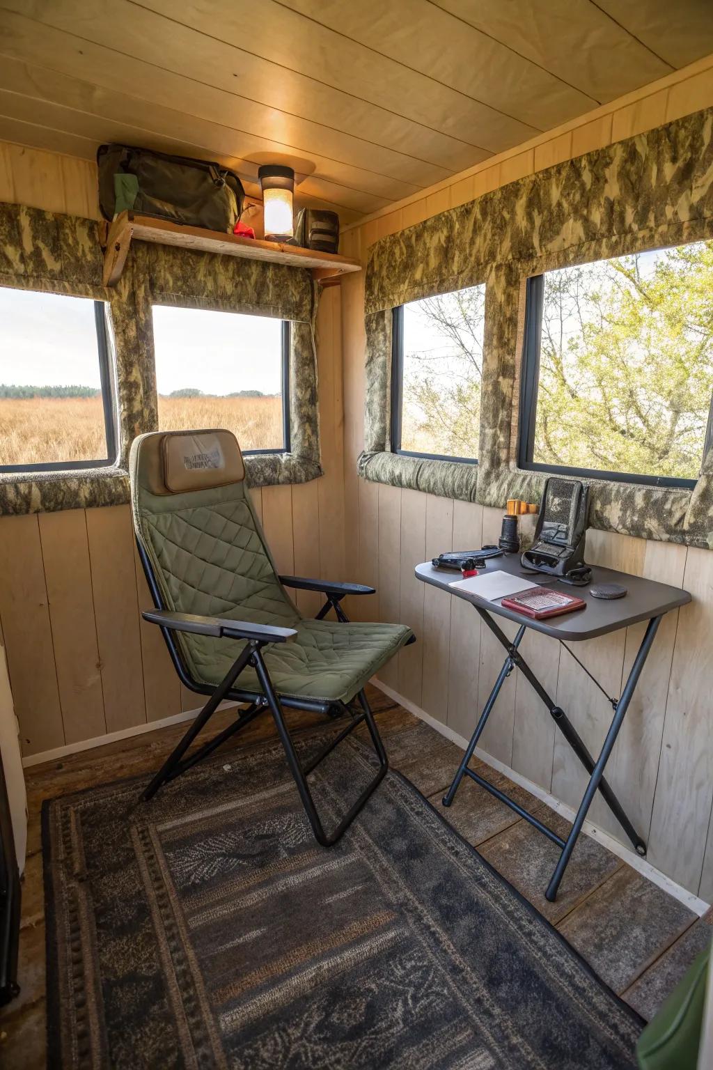 Soundproof chairs provide quiet comfort during hunts.