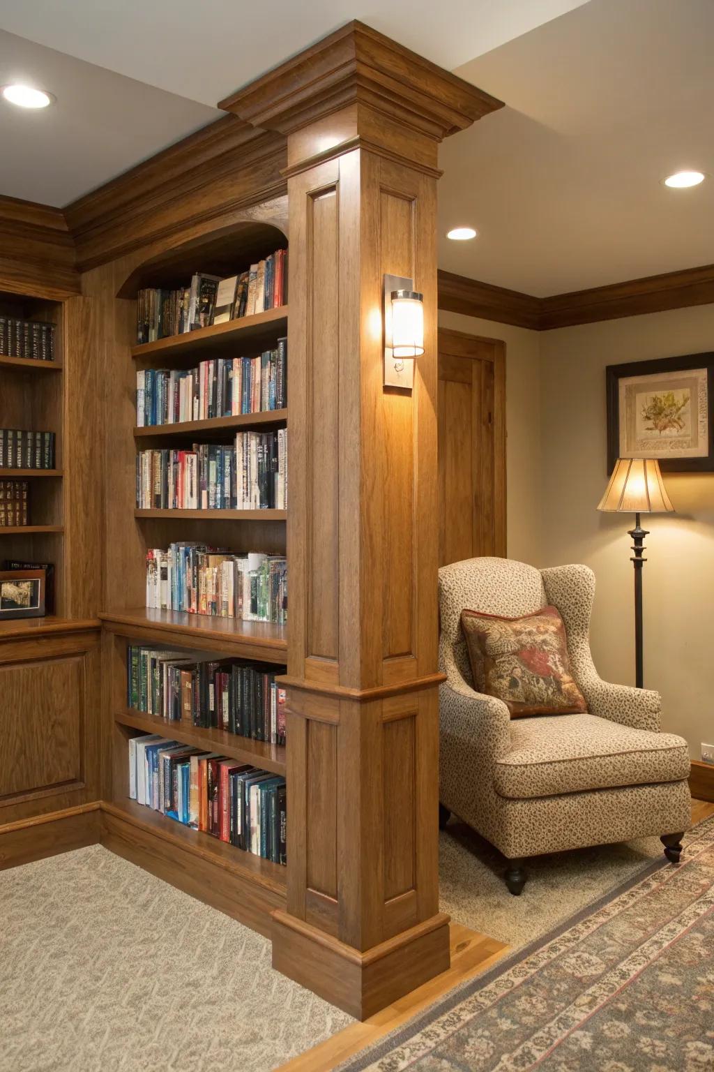 Built-ins around columns create cozy spaces.