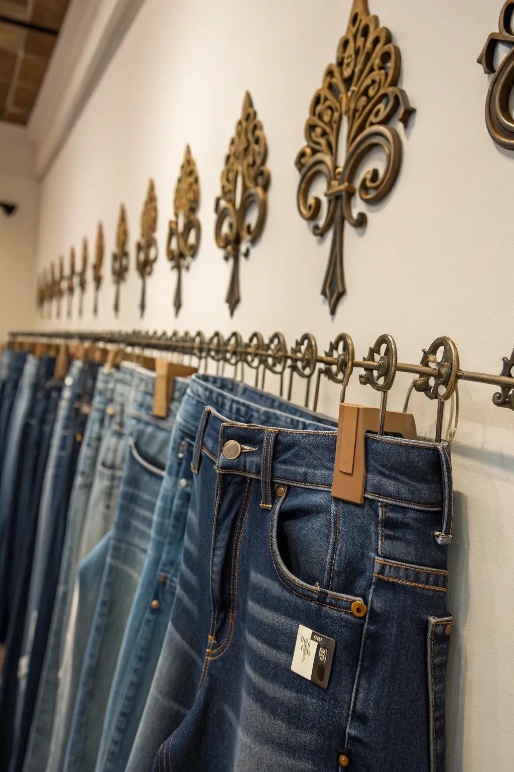 A jeans wall exhibit transforms your denim collection into an artistic display.