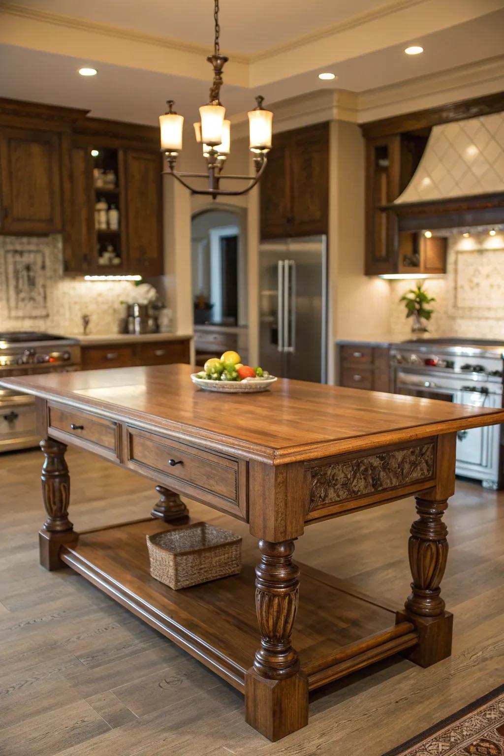 Timeless woodwork introduces warmth to a kitchen island design.