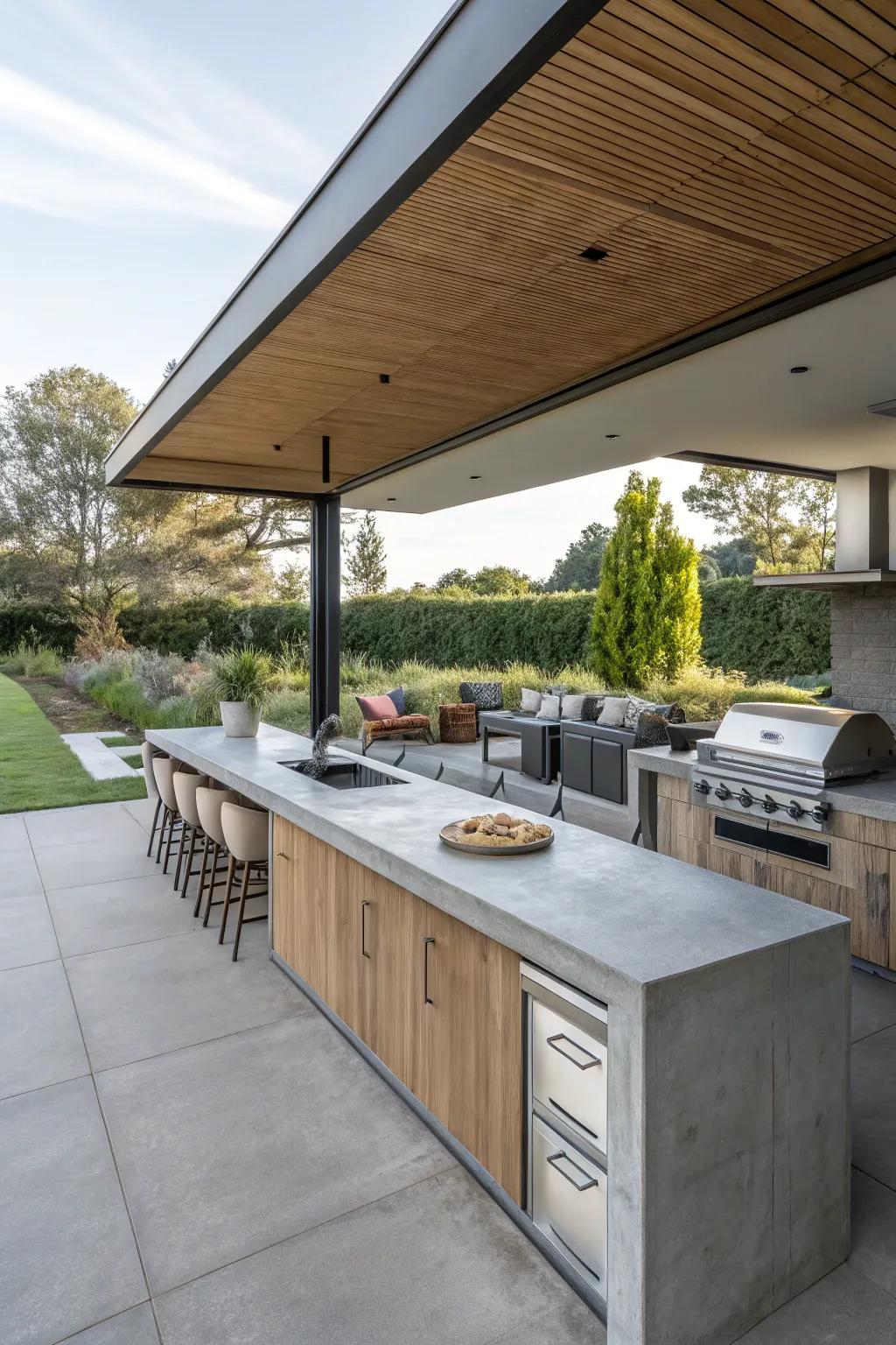 An indoor-outdoor kitchen featuring seamlessly extended concrete worktops.