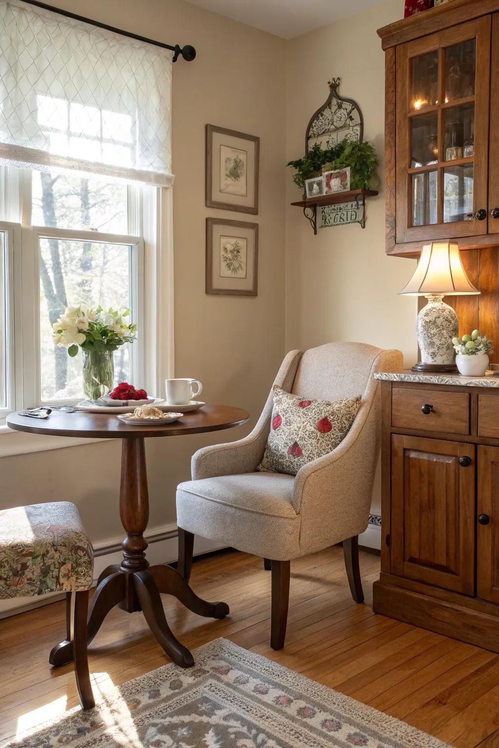 A coffee nook lends a functional, charming detail.