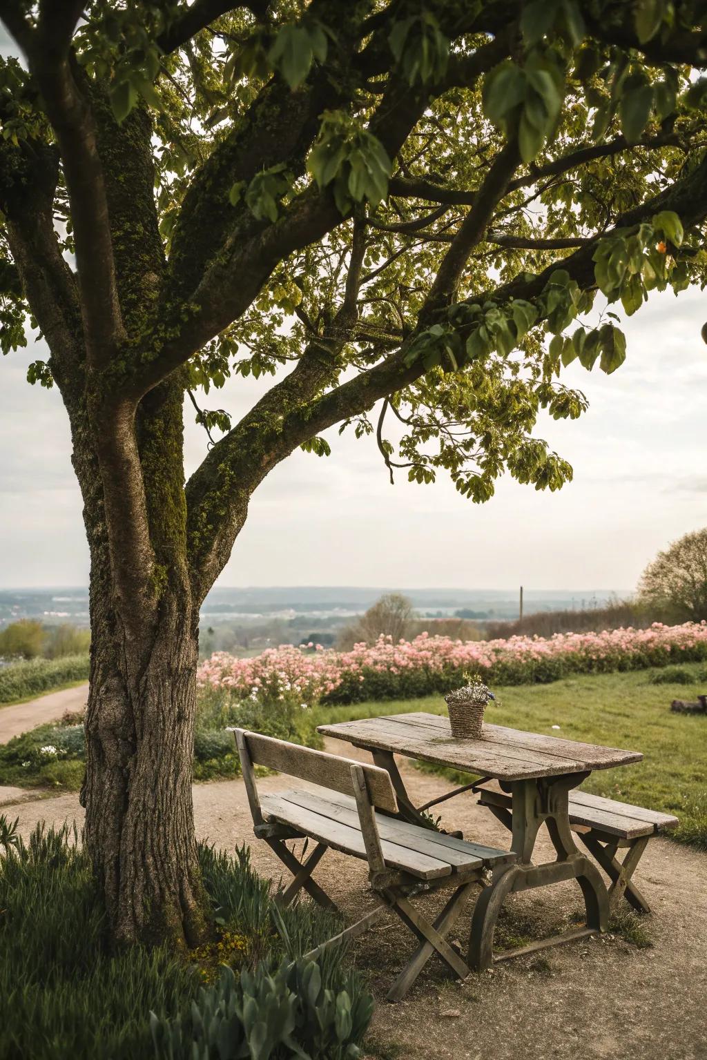 A relaxing space entices you to recline and appreciate the garden's splendor.