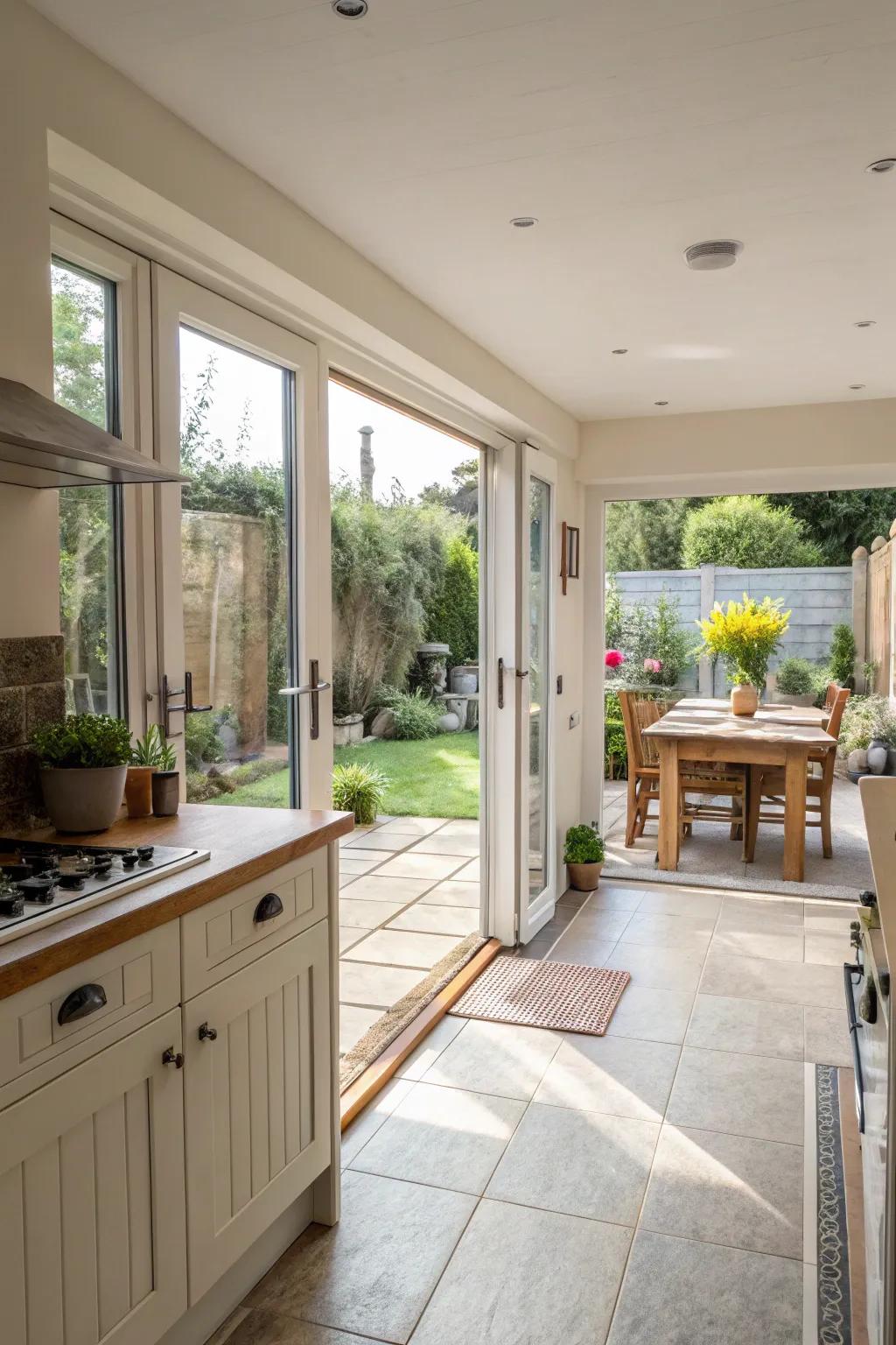 A kitchen with sliding glass doors for a fluid transition between indoors and out.