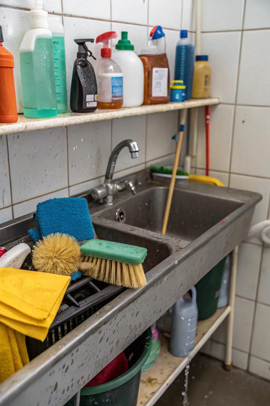 A practical utility sink shelf for extra storage.