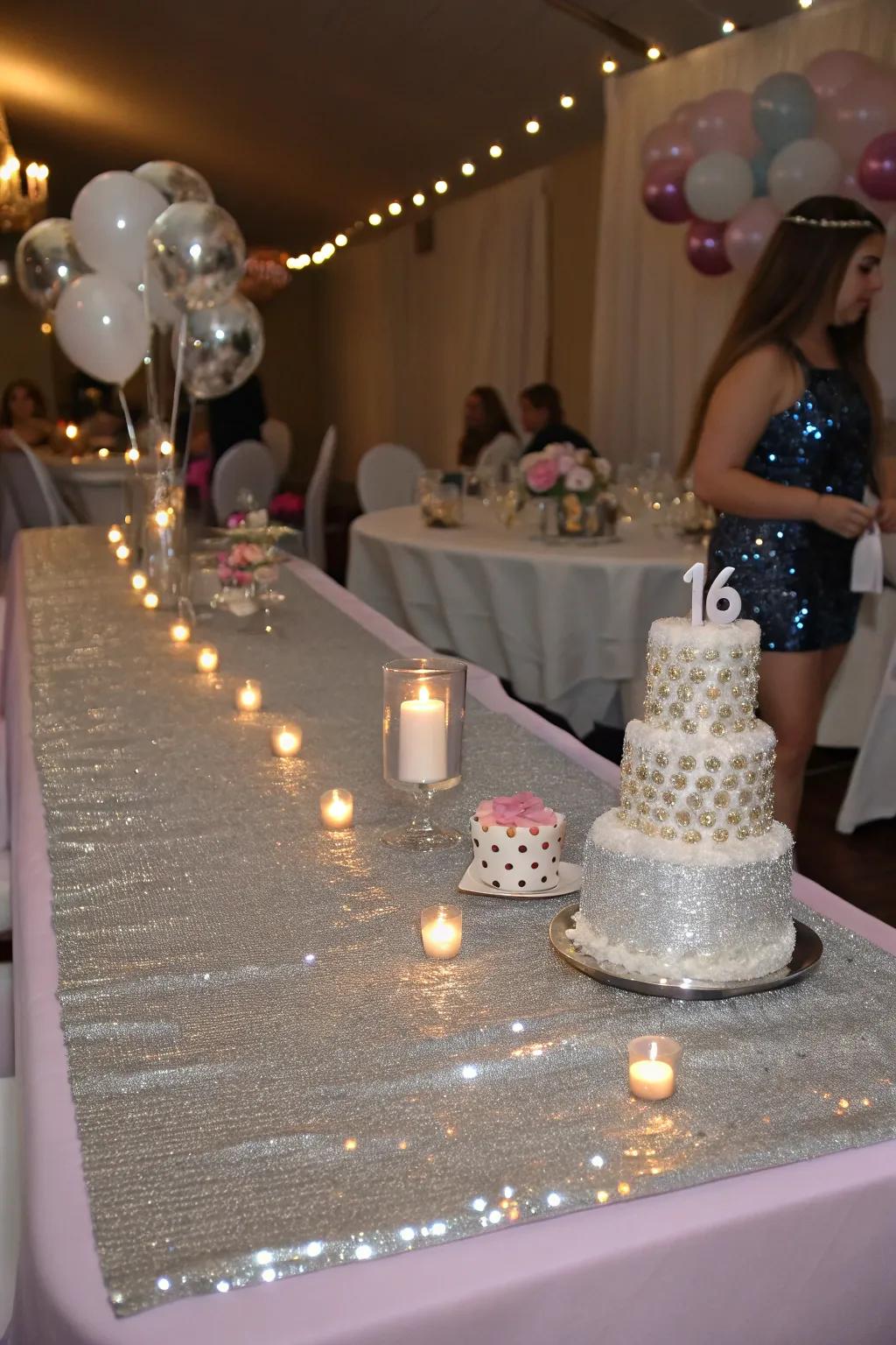 A glamorous table path that incorporates sparkle and sophistication.