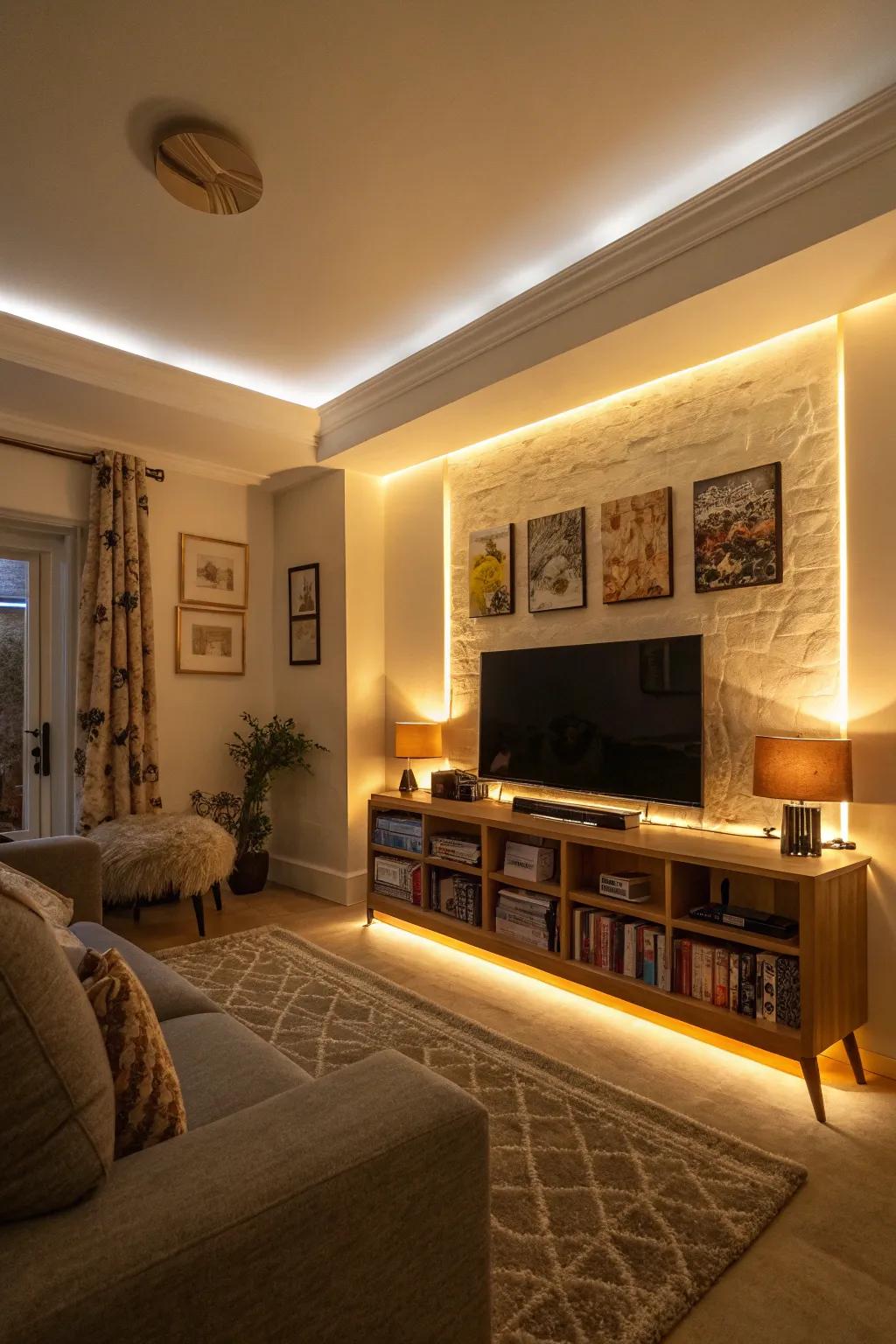 Dramatic feature wall achieved with LED lighting.