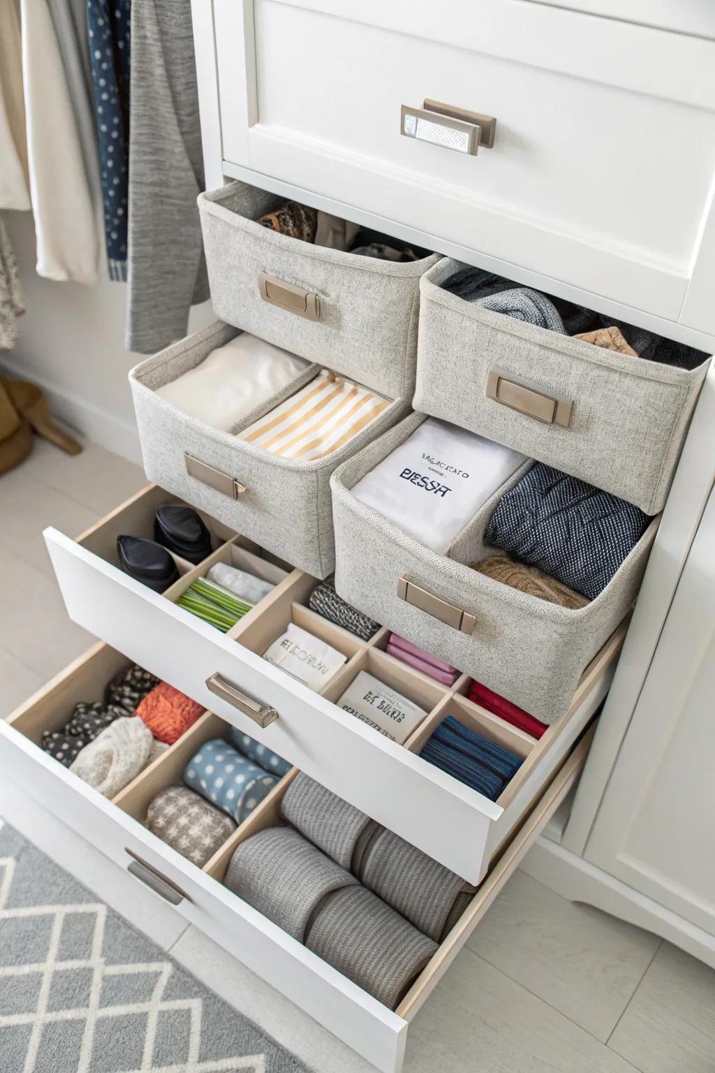 Drawer inserts help organize smaller items in a linen closet.