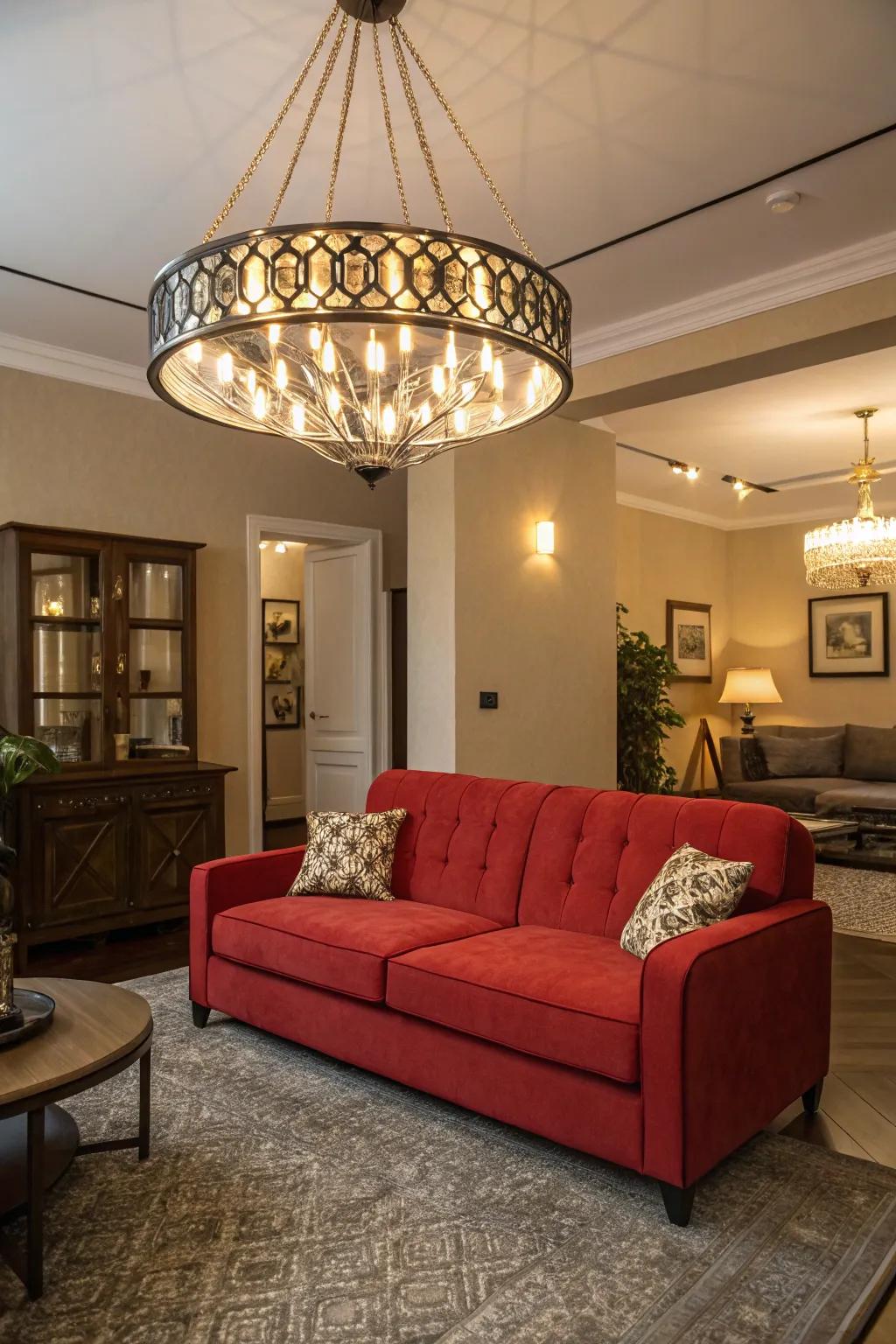 Proclamation illumination accentuates your ruby settee, anchoring it as the room's pivotal element.