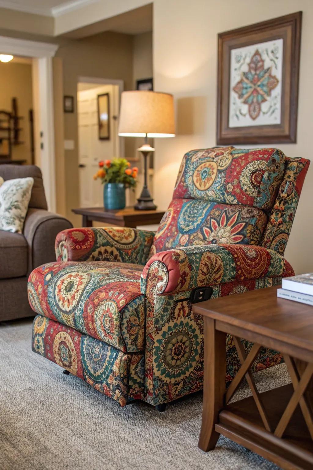 A vibrant living area showcasing a recliner designed to add character.