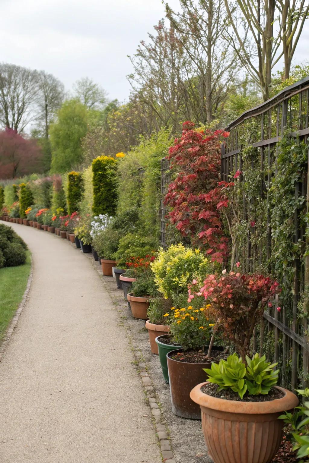 Design a flexible and visually striking fence through the strategic implementation of potted flora.