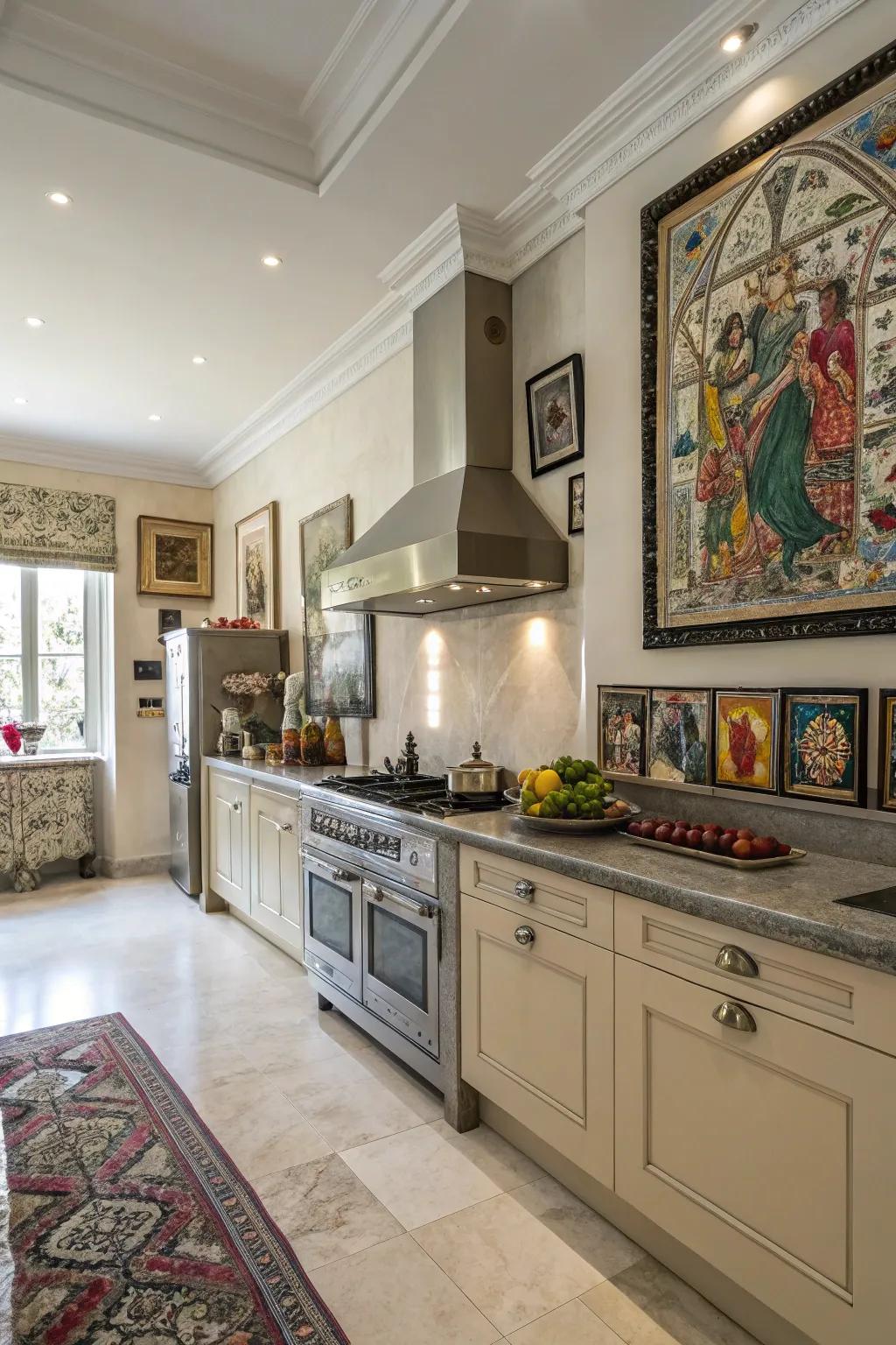 Eclectic art works personalize the kitchen space.