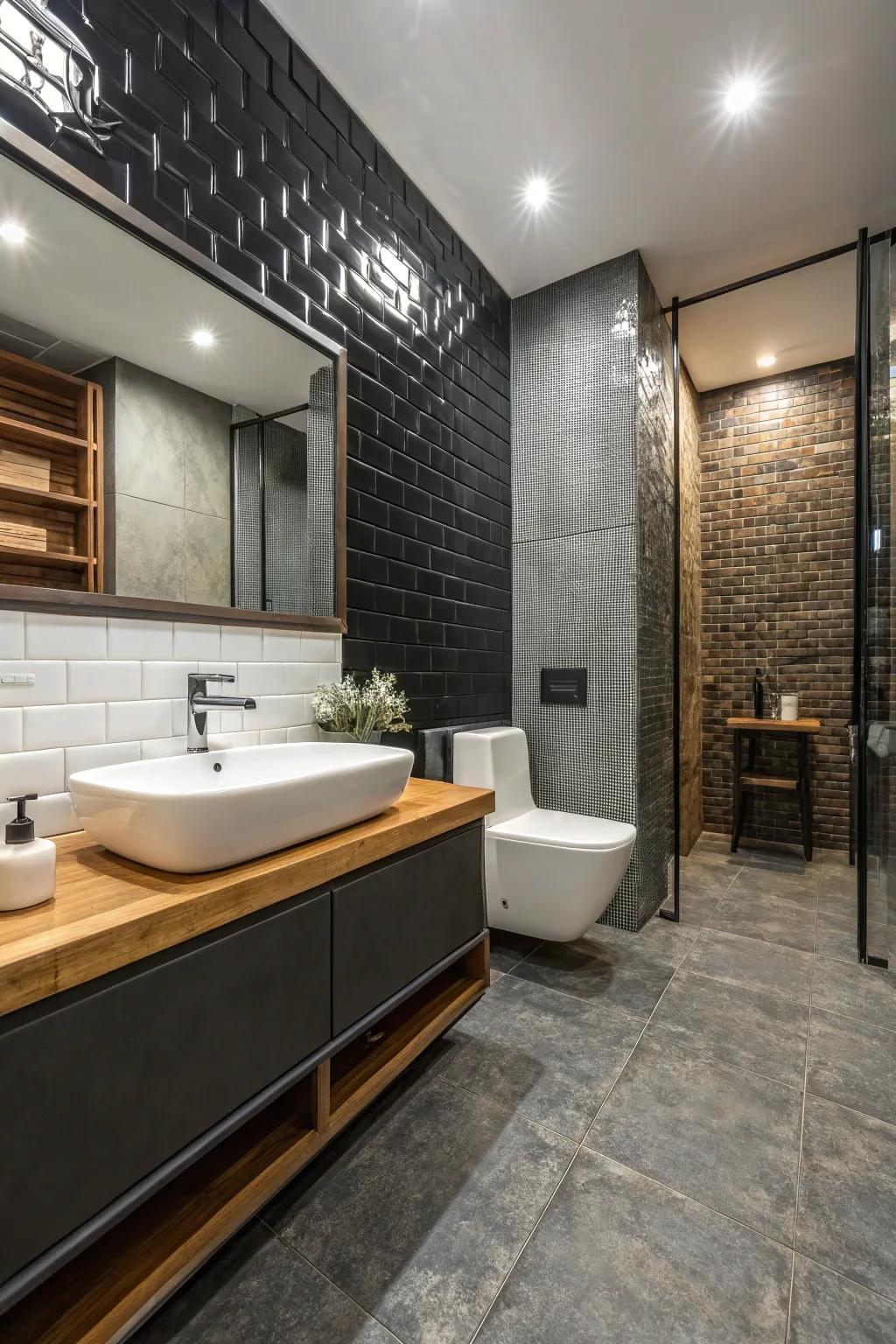 Contrasting textures creating visual interest in a bathroom.