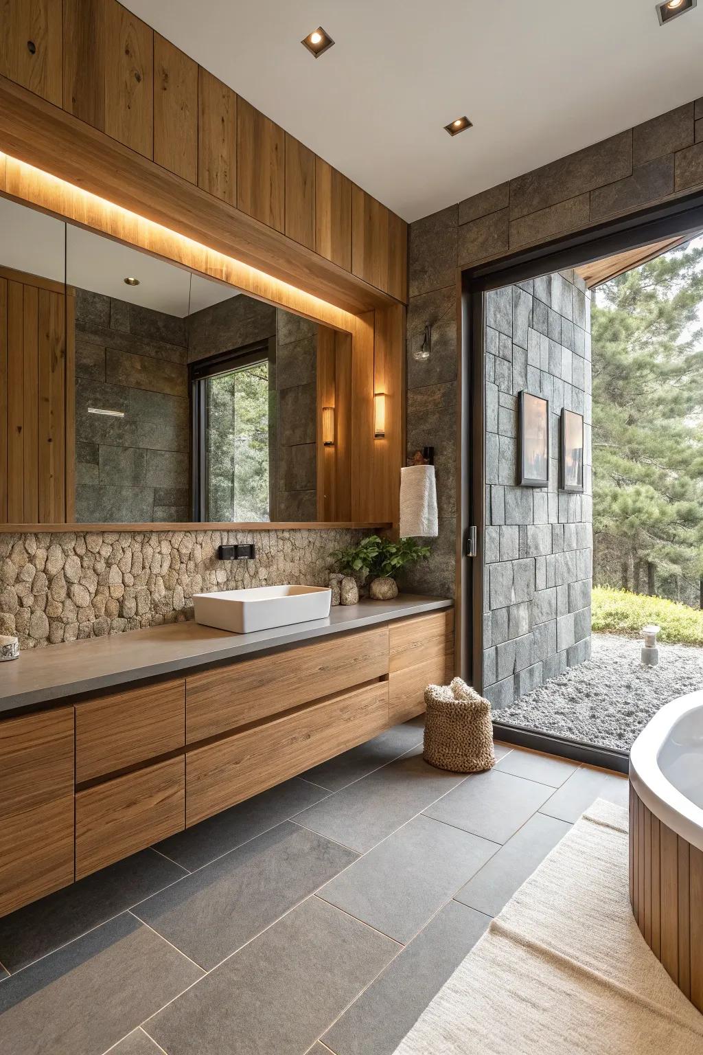 A modern bathroom featuring elemental components like wood and stone.