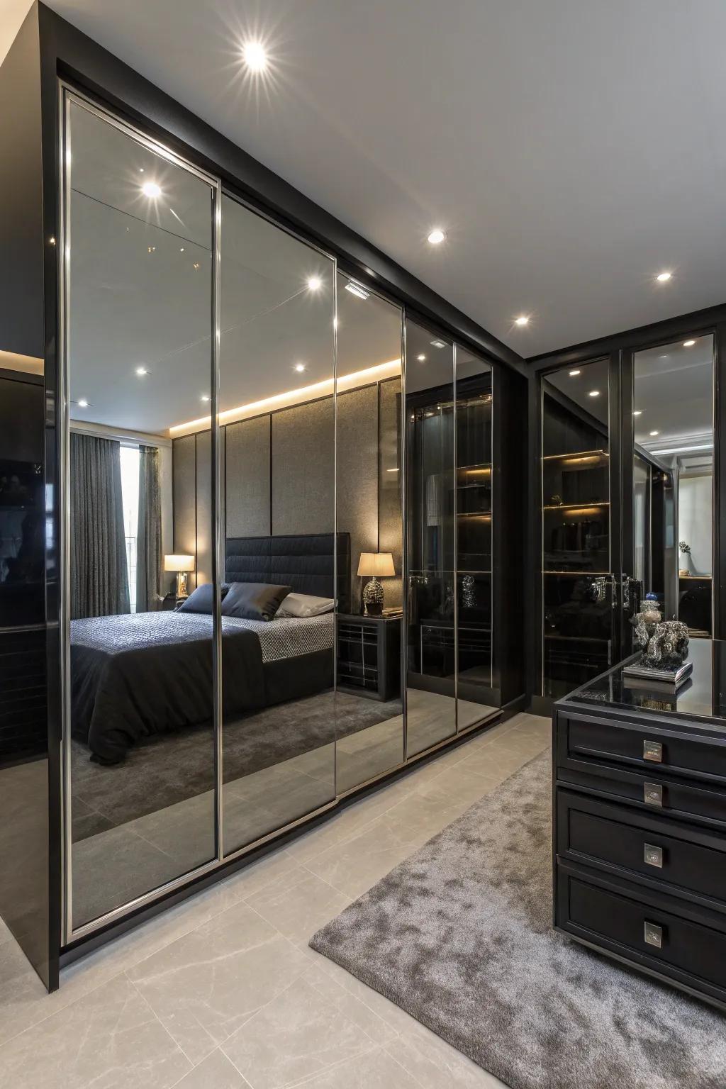 Glass details add a modern touch and reflect light in this elegant onyx bedroom.