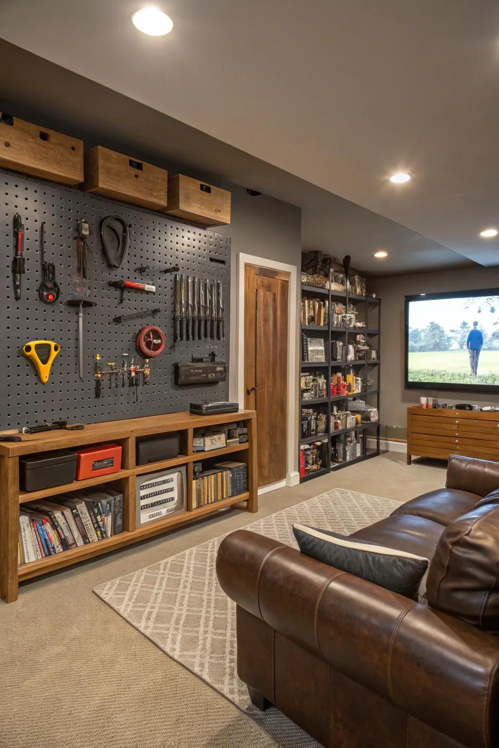 A studboard wall harmonizes functionality with flair.