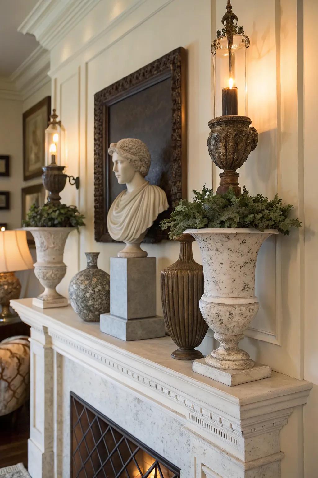 Sculptures add an artistic touch to a mantel.