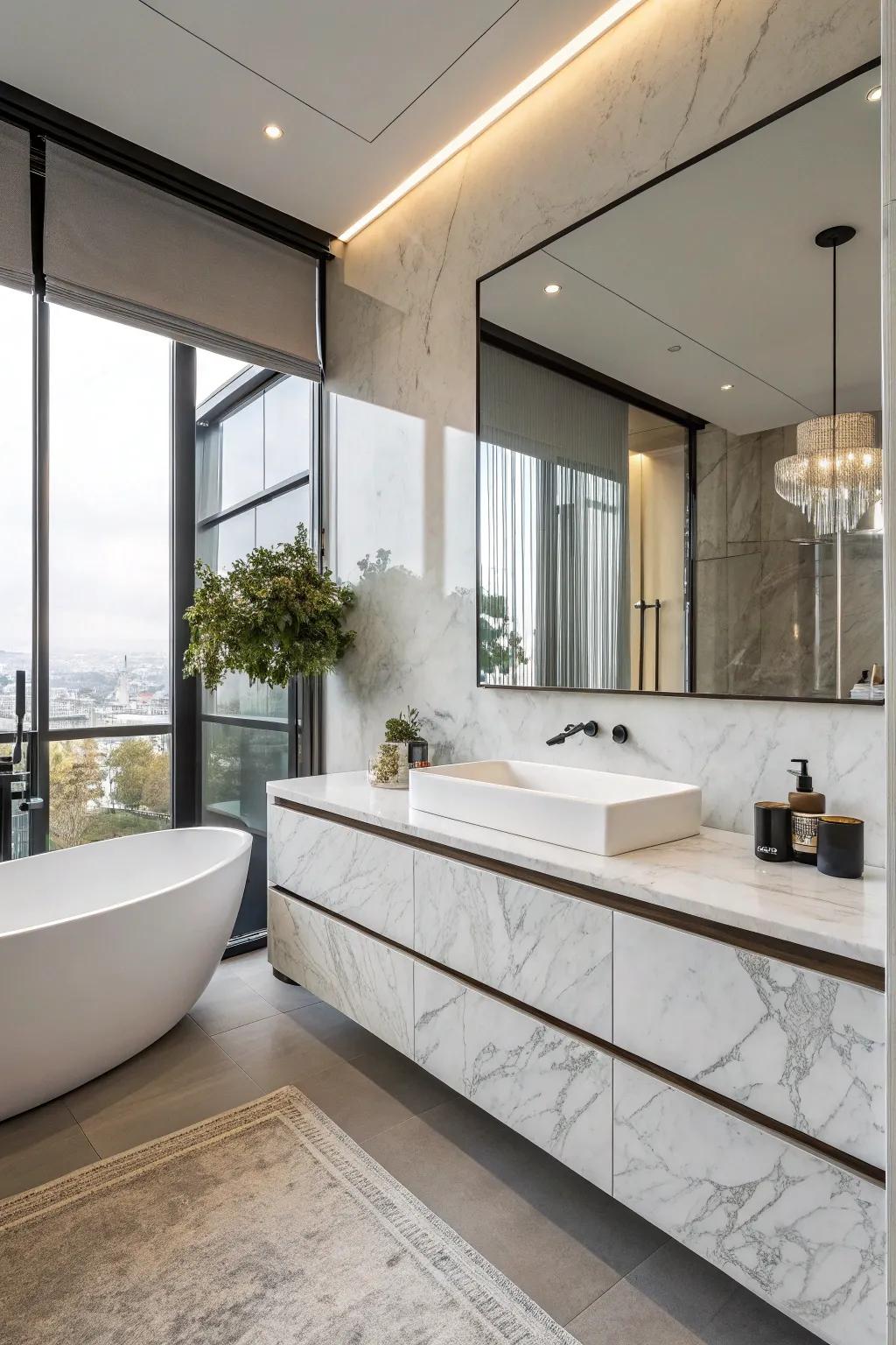 A sailing stone sink spotlights class and saves space.