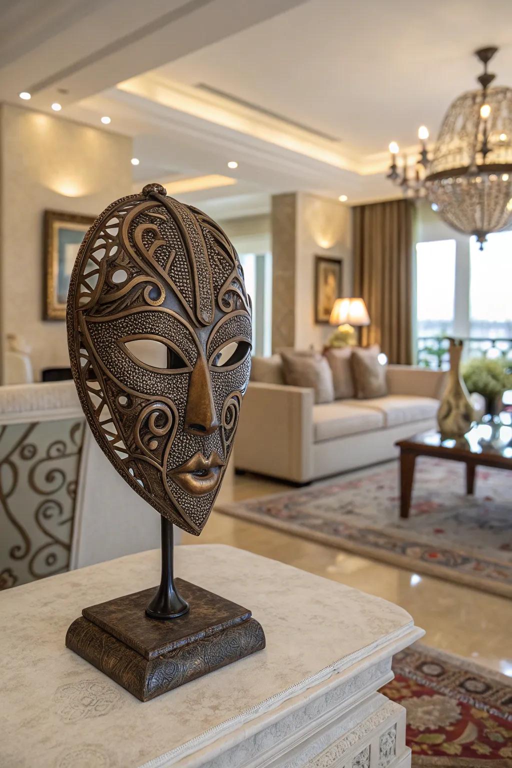 A metal mask with detailed artwork.