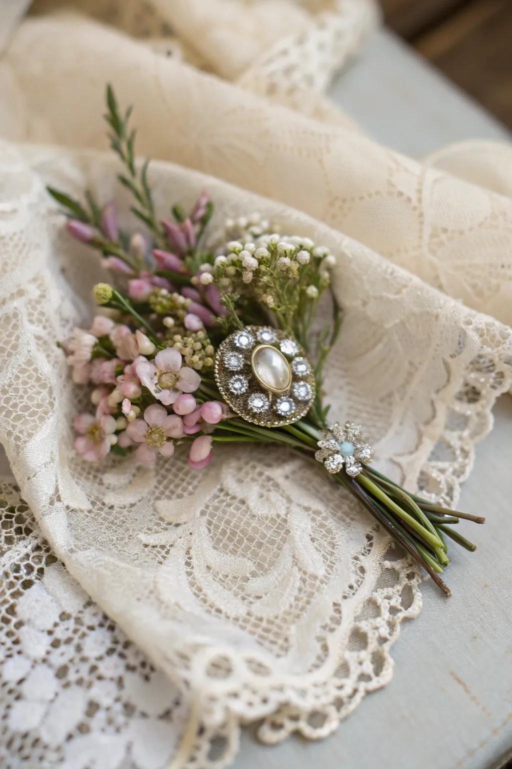 A vintage pin adds heritage and style.