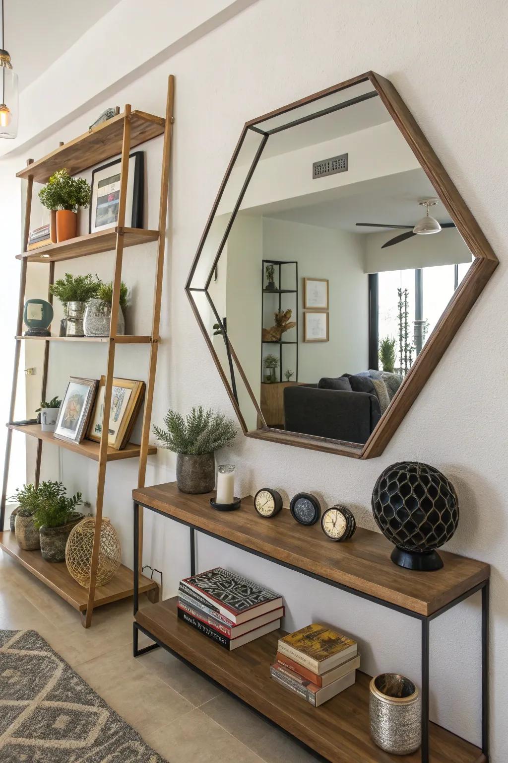 A geometric mirror enhanced with an asymmetrical ledge, conceived for a modern twist.