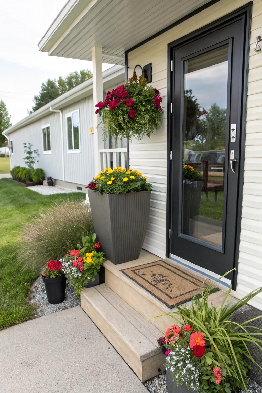A nicely adorned entryway featuring planters and a stylish door, making a welcoming first impression.