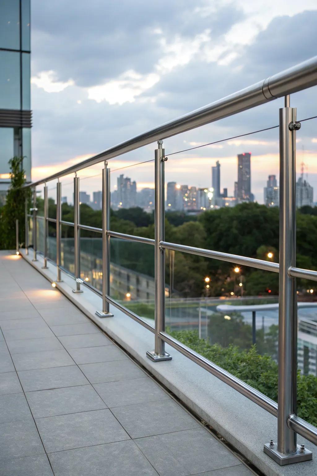 Minimalist shining metal balcony borders with a city skyline view