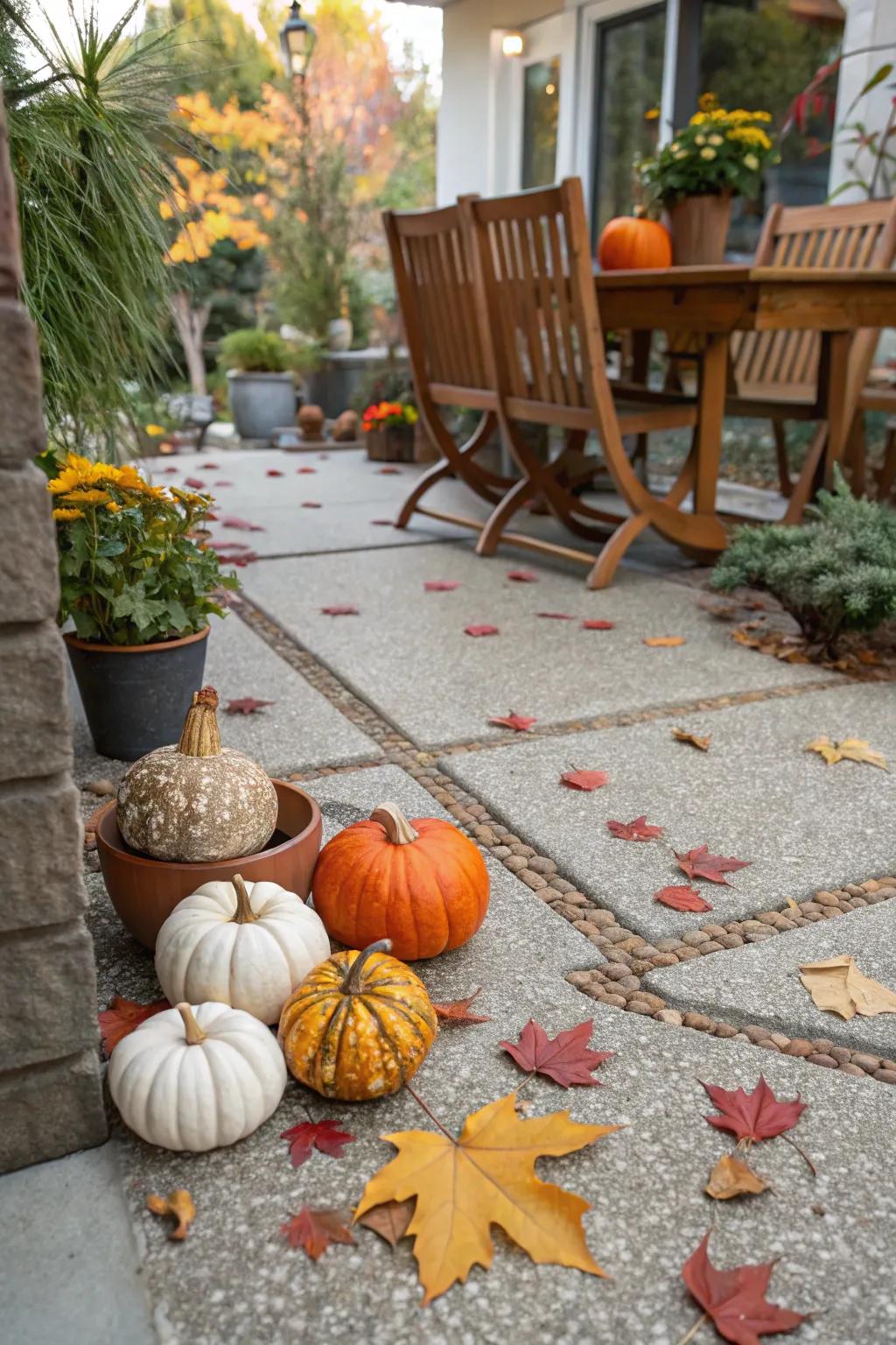 Seasonal decor keeps the patio fresh year-round.