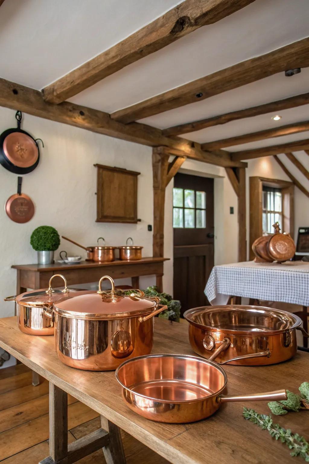 Copper kitchenware adds warmth and functionality to the decor.