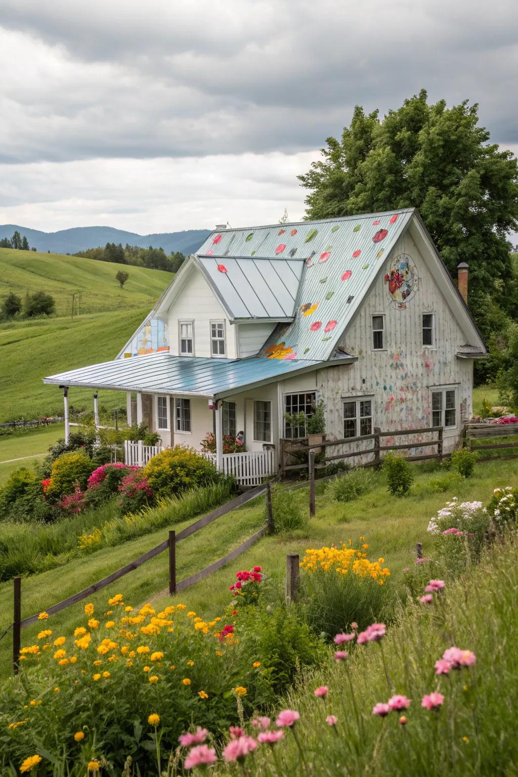 Dynamic creativity: A farmhouse displaying a whimsical patterned metal top.
