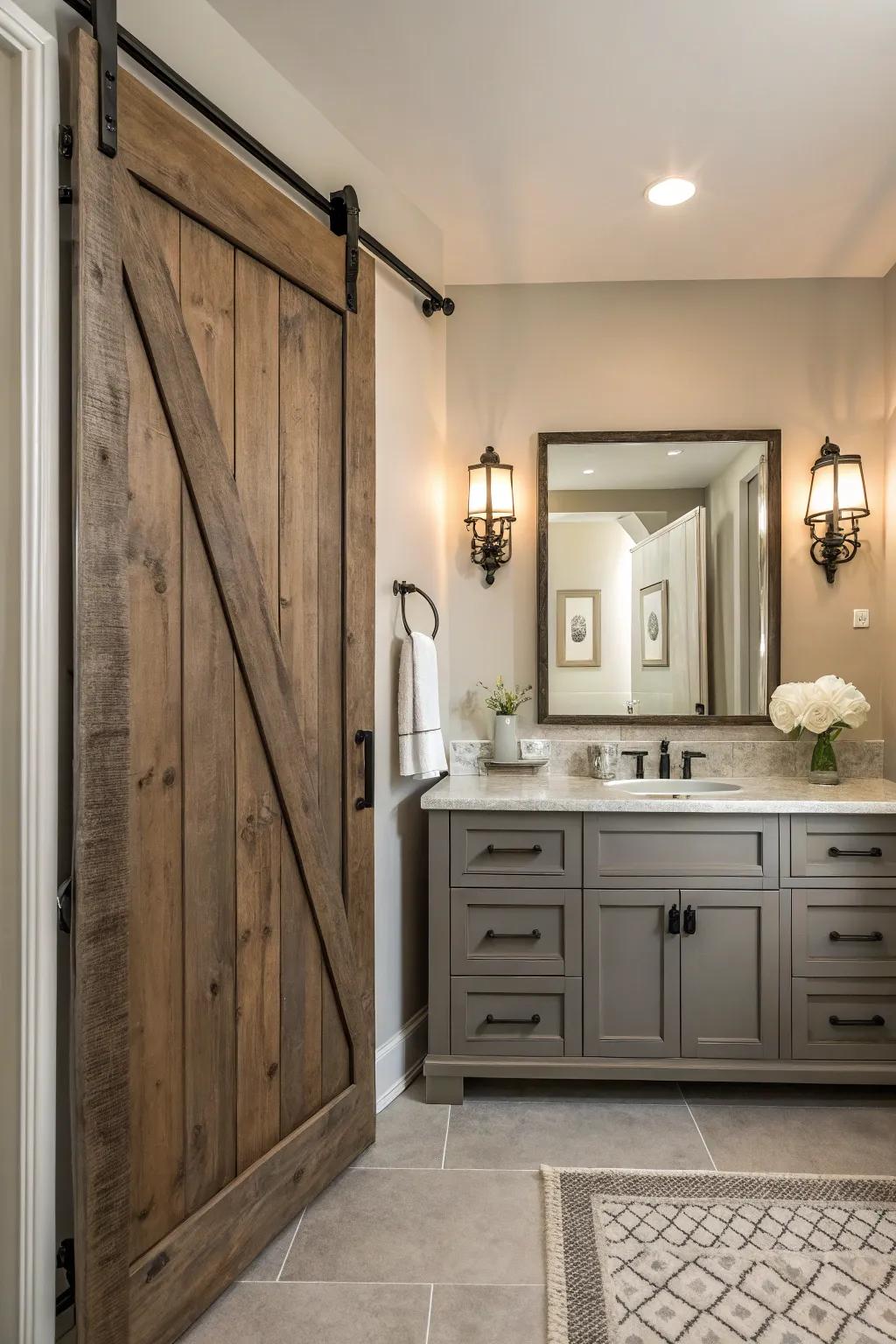 Sliding barn door entrance to a washroom.