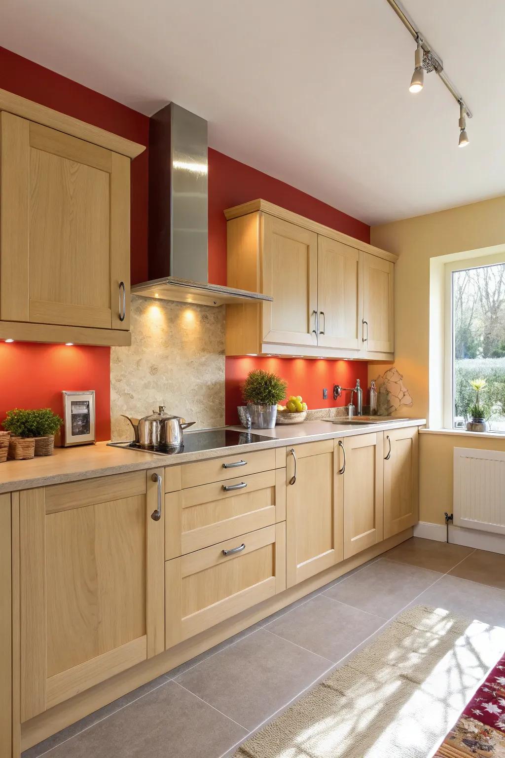 A striking accent wall adds a dynamic contrast to light oak cabinets.