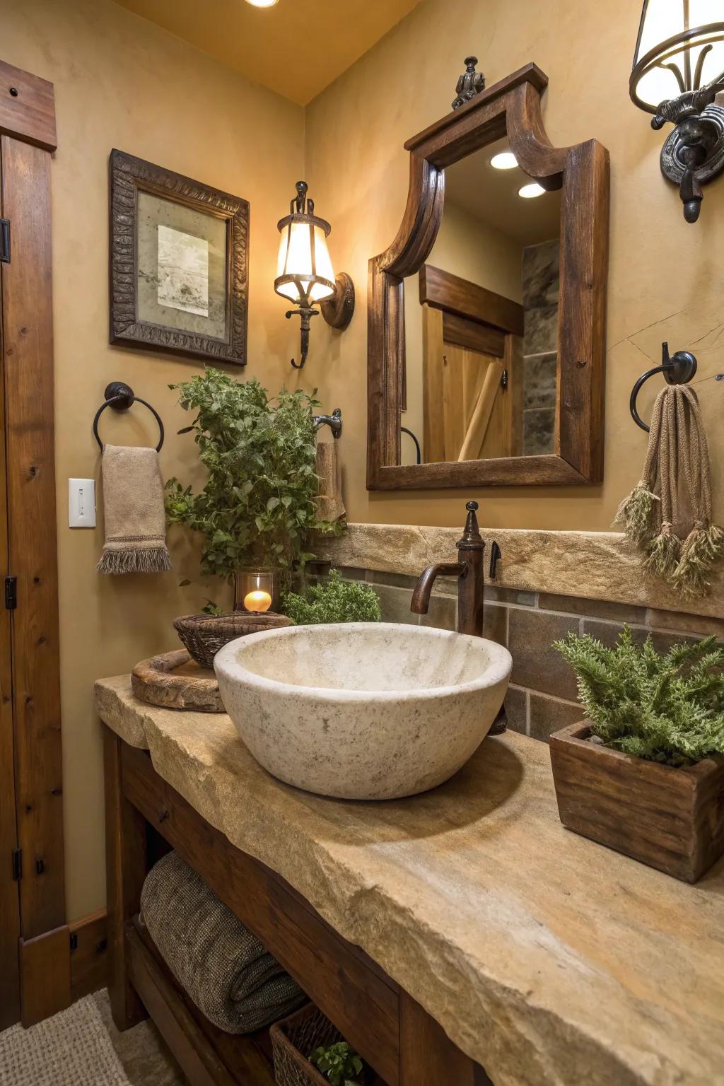 A custom stone basin operates as a striking centerpiece in a farmhouse bathroom.