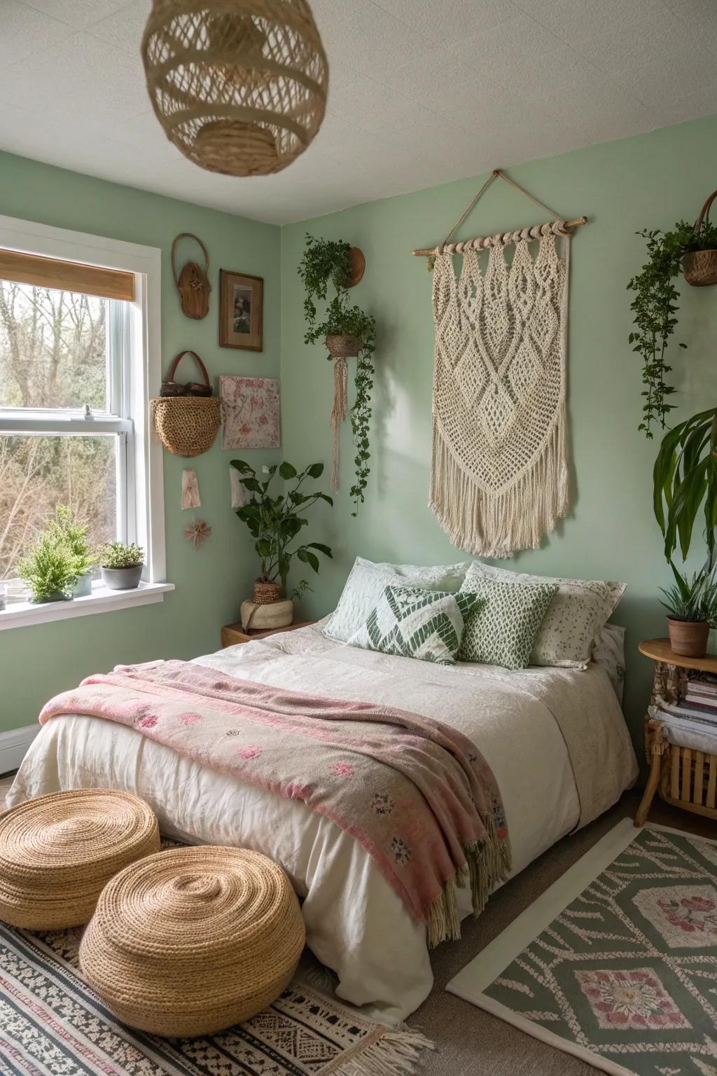 Bohemian eclectic touches with soft green craft a laid-back, artistic vibe.