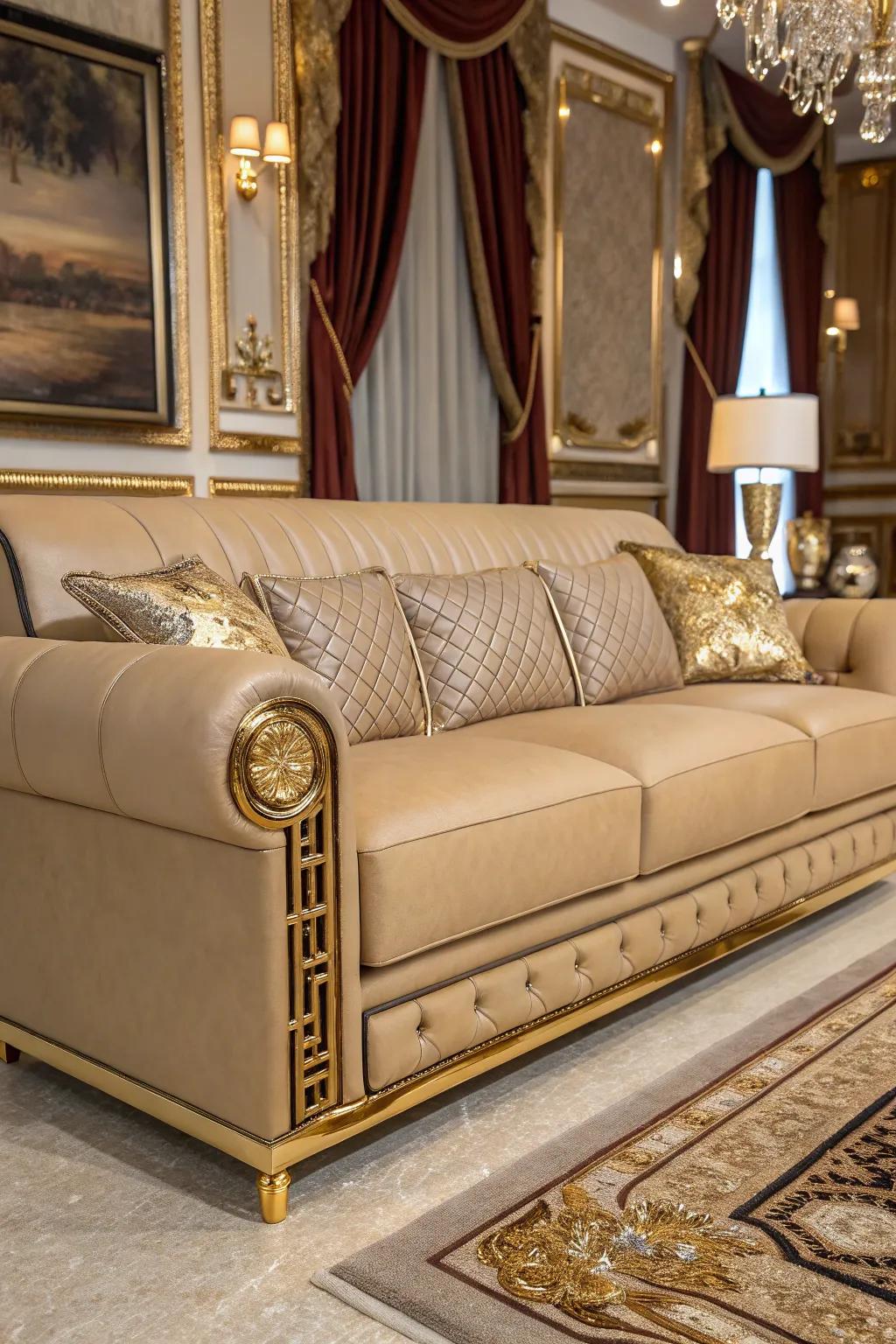 Metallic accents bring glamour to a sitting room featuring a russet hide settee.