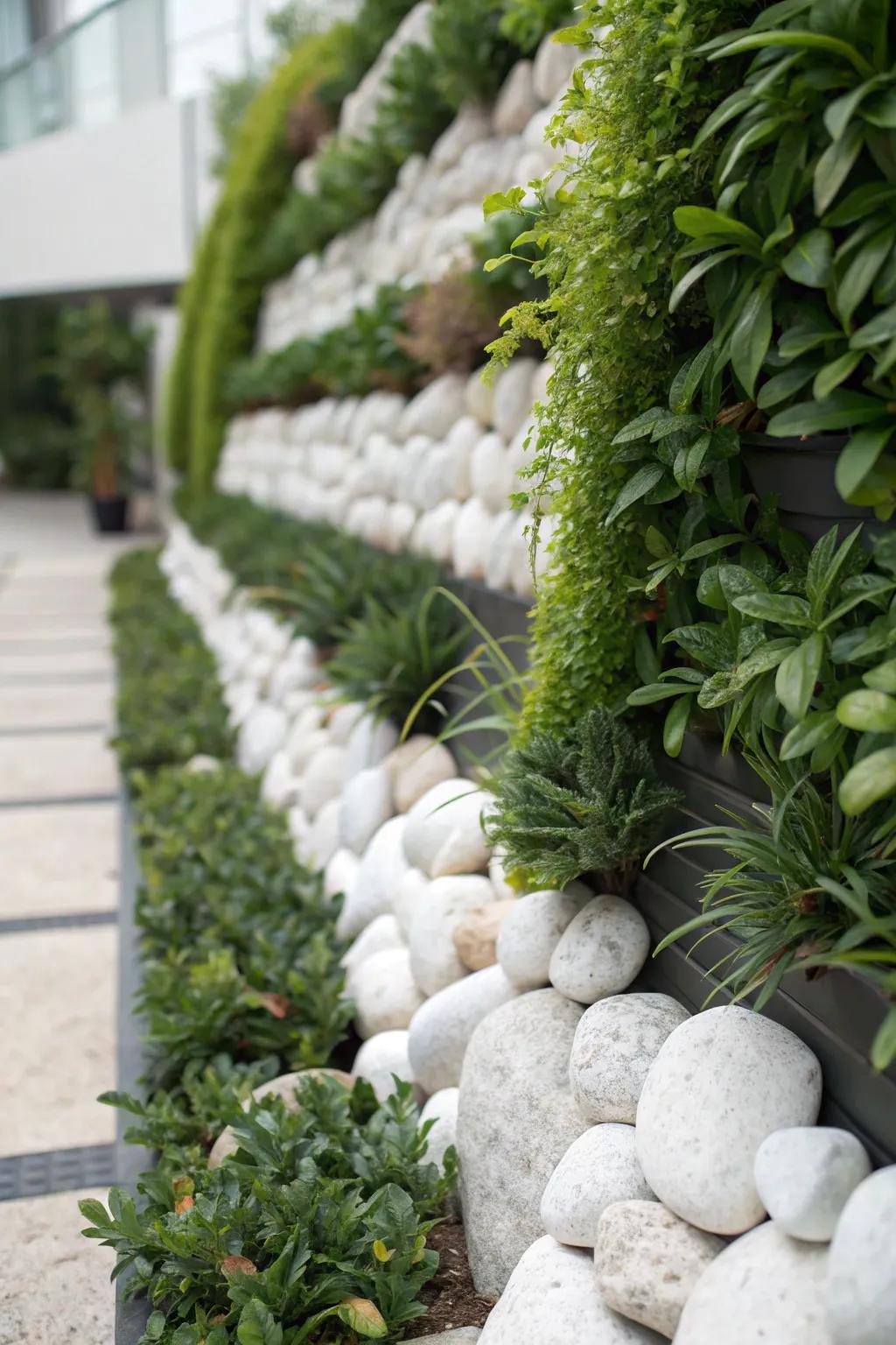 A unique vertical garden featuring pale stones, adding dimension and offering a fresh perspective.