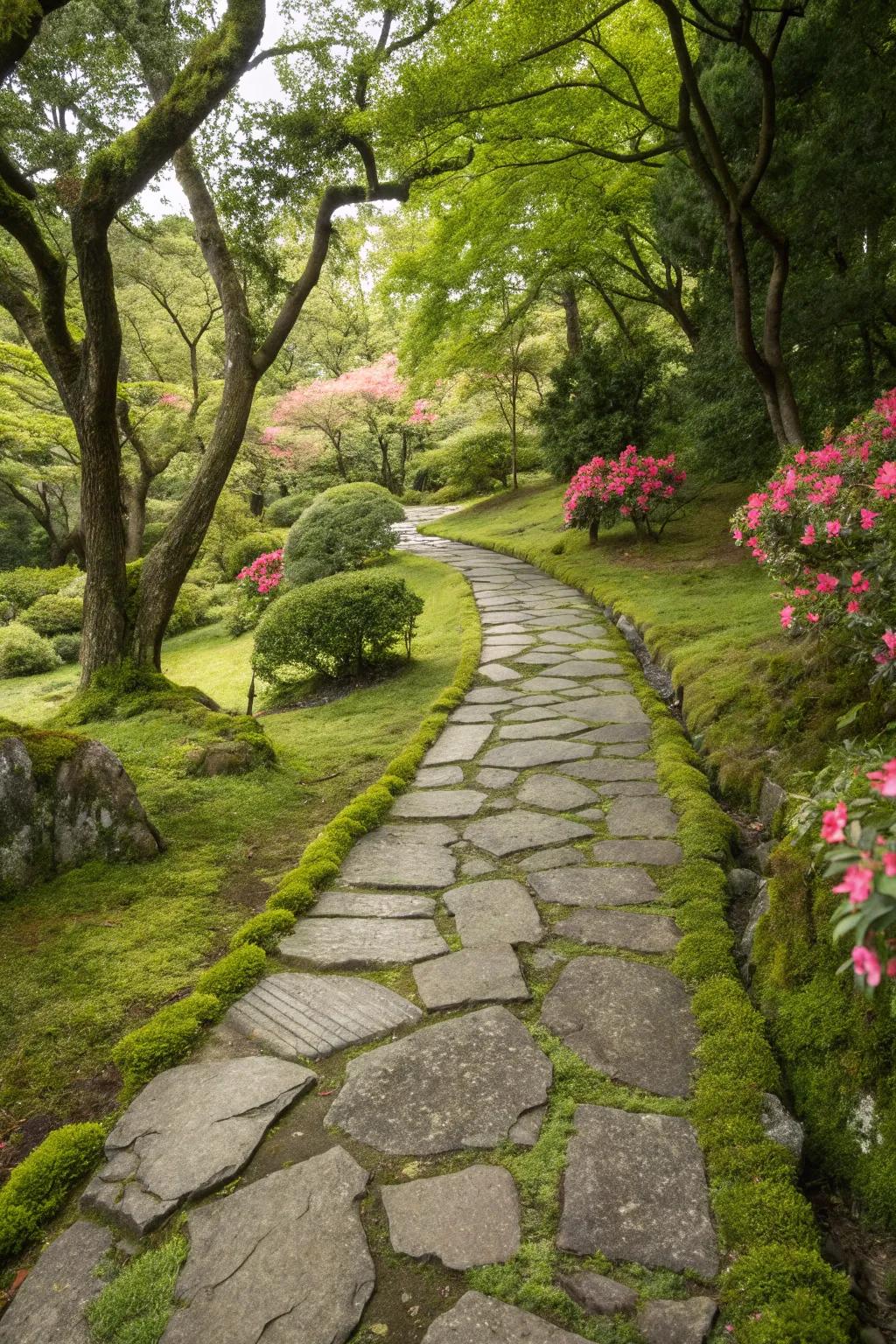 A whimsical stone pathway featuring moss to achieve a narrative impression.