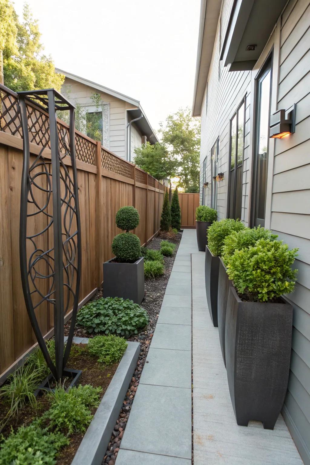 Metal features bring a modern and durable touch to narrow yards.