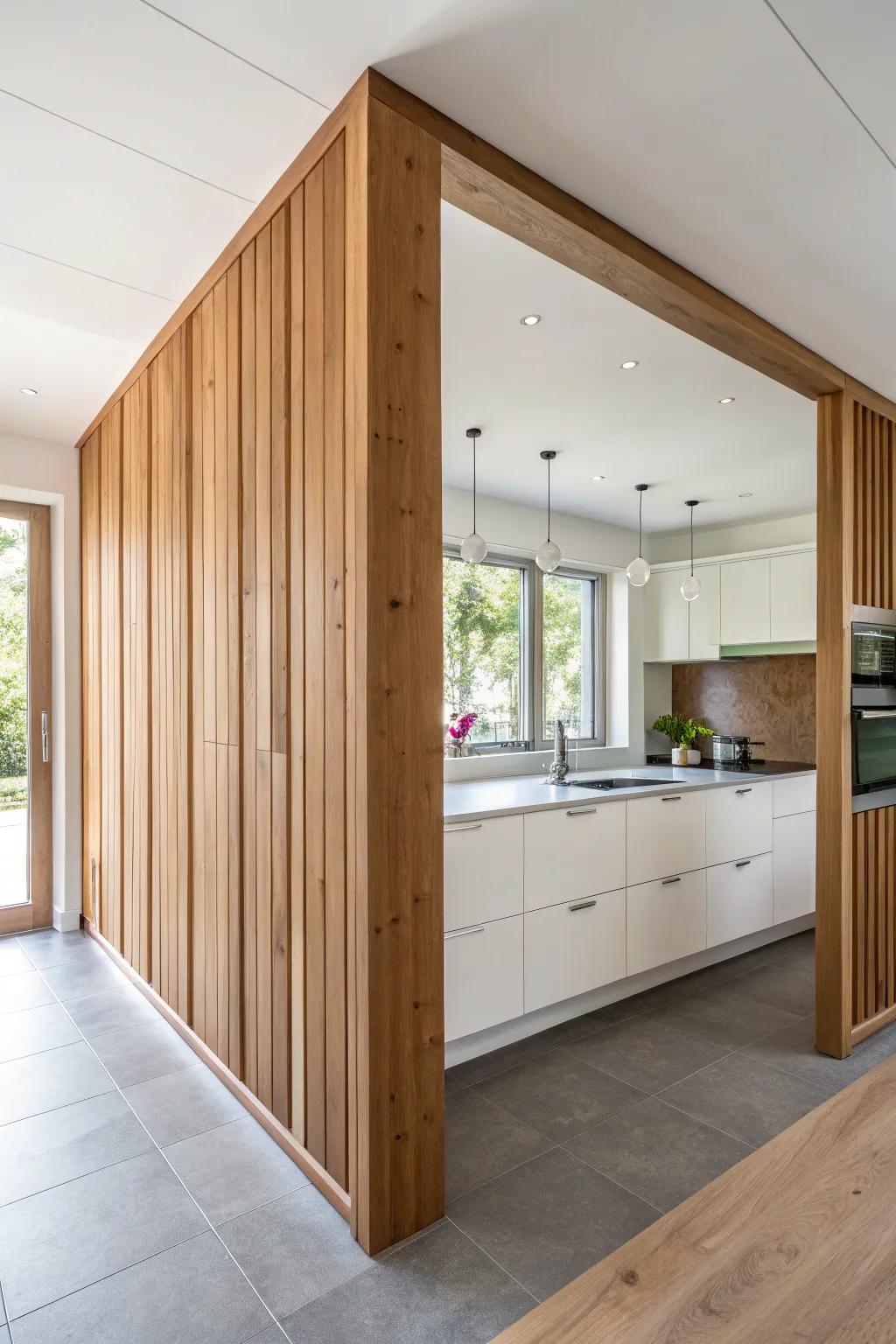 Display timber panels add continuity and dimension to the kitchen.